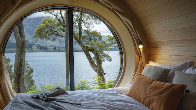 Une vue tranquille sur le lac depuis la fenêtre d'une capsule offrant la toile de fond parfaite pour un sommeil reposant.