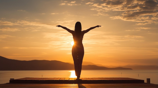 Une vue tranquille présente la silhouette d'une femme en yoga au lever du soleil, favorisant l'équilibre et le bien-être.