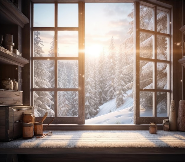 Vue à travers la fenêtre d'un chalet dans une forêt d'hiver couverte de neige créée avec la technologie d'IA générative