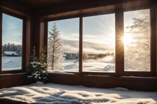 Vue à travers la fenêtre d'un chalet dans une forêt d'hiver couverte de neige