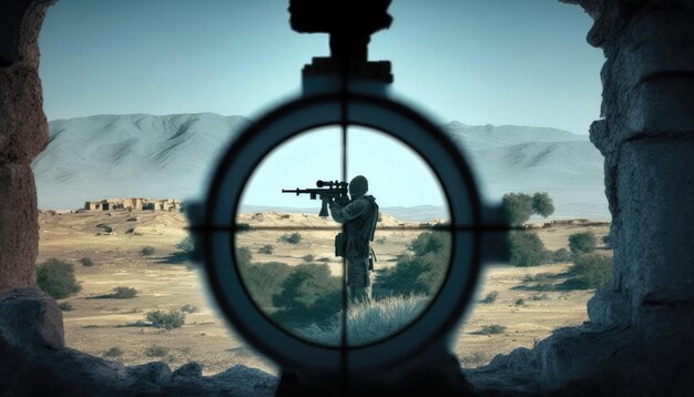 Photo vue à travers le fusil de sniper de la portée d'un soldat militaire avec un tireur d'élite visant à éliminer l'ennemi