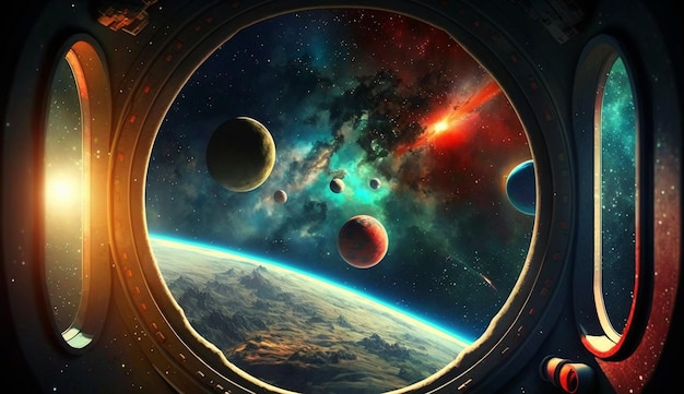 Photo vue à travers le hublot d'un vaisseau spatial espace extra-atmosphérique avec planètes et étoiles illustration générée par l'ia