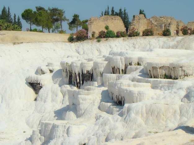 Vue sur les travertins blancs comme neige de Pamukkale et les anciens murs de pierre Turquie