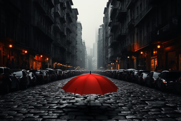 Vue urbaine un seul parapluie rouge distingue du noir