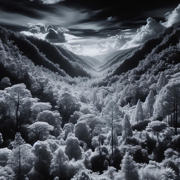 Vue de la vallée de la forêt éthérée paysage infrarouge mystique généré par l'IA