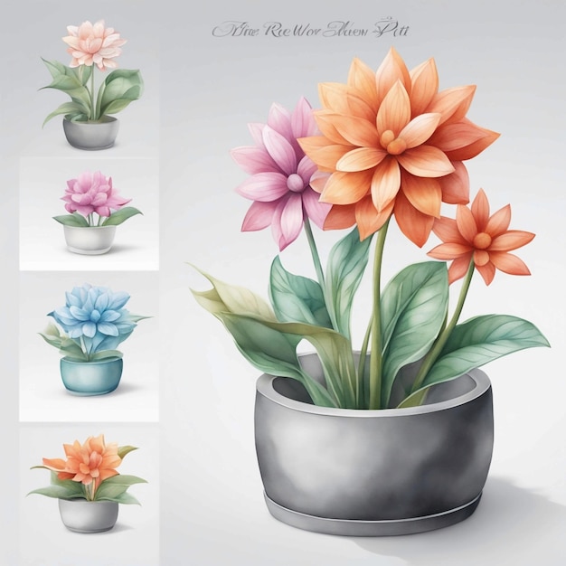 Vue vectorielle 3D d'une fleur 3D dans un pot