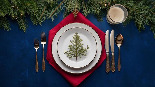 Photo vue verticale de l'arrière-plan de xsmas avec des accessoires de décoration de l'assiette de dîner, des branches de sapin et des couverts