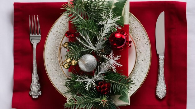 Vue verticale de l'arrière-plan de xsmas avec des accessoires de décoration de l'assiette de dîner, des branches de sapin et des couverts