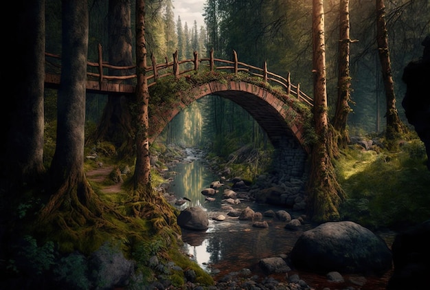 Vue verticale d'un pont en rondins traversant une forêt et traversant une petite rivière