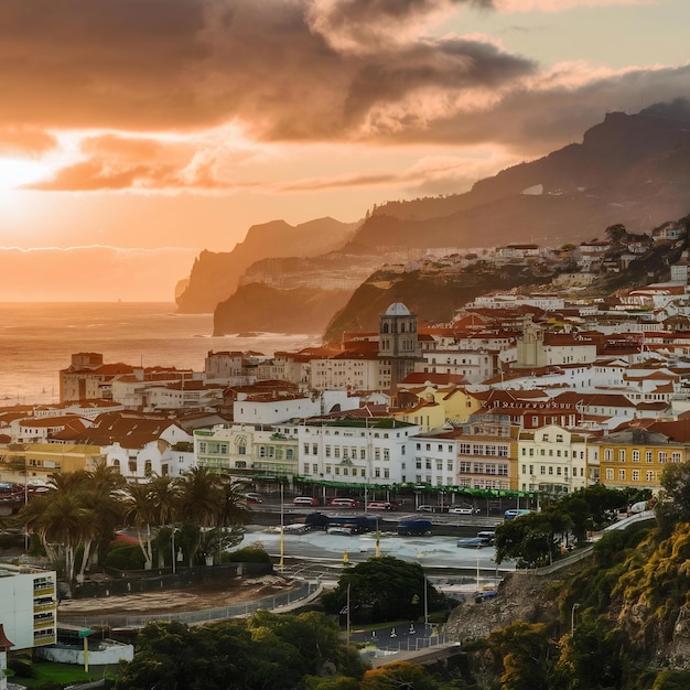 Photo vue de la vieille ville de funchal, la capitale de l'île de madère au bord de l'océan atlantique