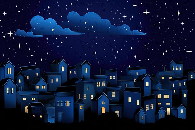 Photo vue de la vieille ville la nuit avec des nuages et des étoiles