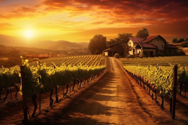 Une vue sur les vignes, une cave pittoresque et les rayons doux du coucher de soleil créent une belle scène.