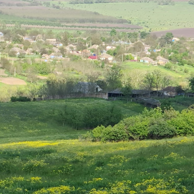 Une vue d'un village avec une maison au loin.