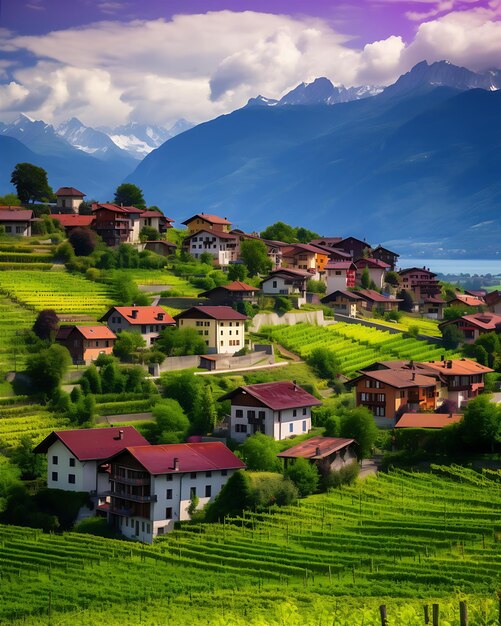 Vue d'un village sur une montagne en Suisse