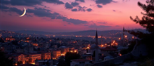 une vue d'une ville au crépuscule avec un croissant de lune