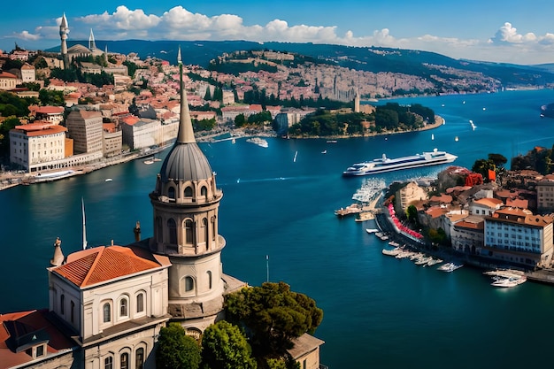 Une vue d'une ville avec un bateau dans l'eau