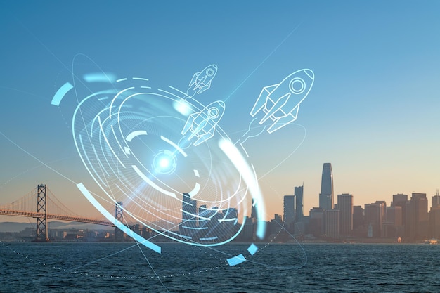 Vue sur la ville Bay Bridge et San Francisco Skyline Panorama depuis le coucher du soleil de Treasure Island Californie États-Unis Une start-up lance un projet pour rechercher et développer un hologramme de modèle commercial évolutif