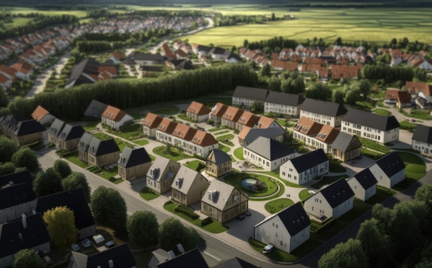 Une vue d'une ville avec beaucoup de maisons et d'arbres.