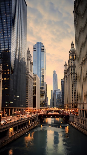 Vue sur la ville de Chicago depuis la rivière pendant l'orientation verticale du coucher du soleil Generative ai