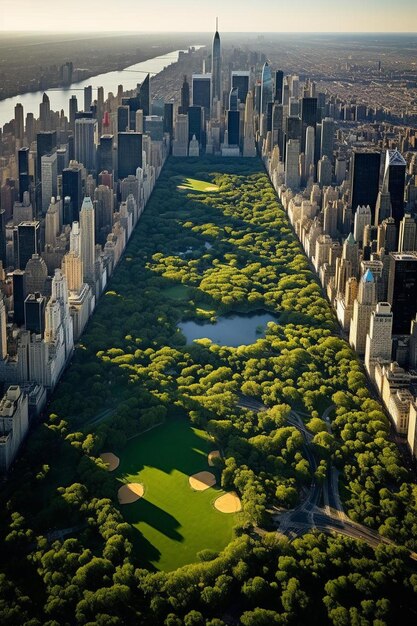 Photo une vue sur la ville depuis l'air avec une pelouse verte et un étang