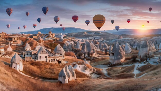 Photo vue de la ville de goreme avec des grottes et des ballons aériens en cappadocie