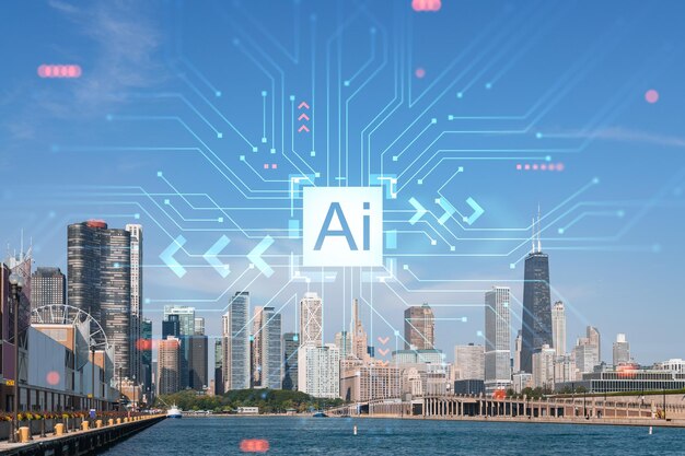 Vue sur la ville gratte-ciel du centre-ville panorama sur les toits de Chicago lac Michigan zone portuaire pendant la journée Illinois USA concept d'intelligence artificielle IA apprentissage automatique réseau de neurones robotique hologramme