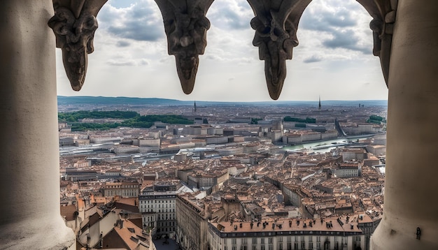 Photo une vue d'une ville d'en haut avec une statue d'un crâne et une ville en arrière-plan