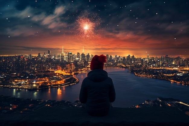 Photo la vue sur la ville où il y a des feux d'artifice dans le ciel et la vue est très belle