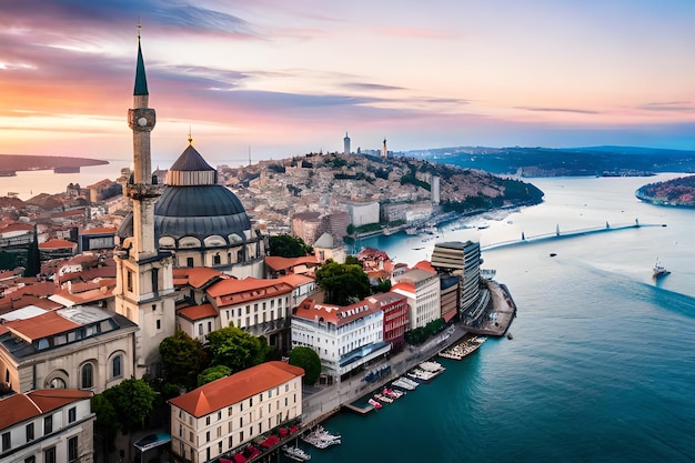 Une vue de la ville d'Istanbul avec une mosquée au premier plan.