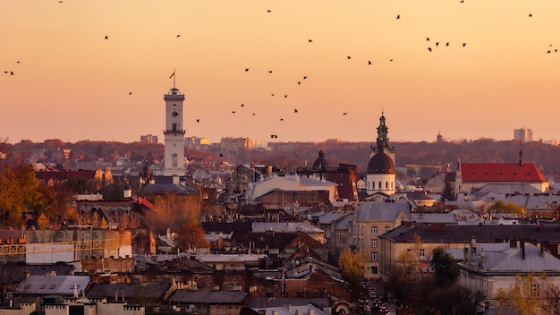 Vue de la ville de Lviv au coucher du soleil. Vue d'en haut .Ukraine