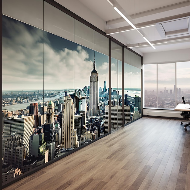 Vue sur la ville de New York au mur de verre du bâtiment en verre à écran de verre