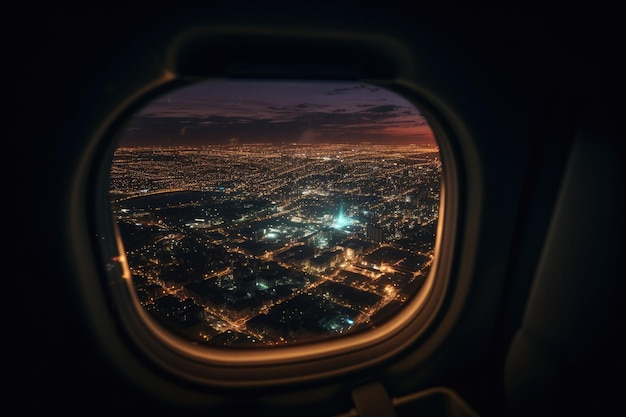 Vue de la ville nocturne depuis la fenêtre de l'avion Paysage urbain nocturne AI générative