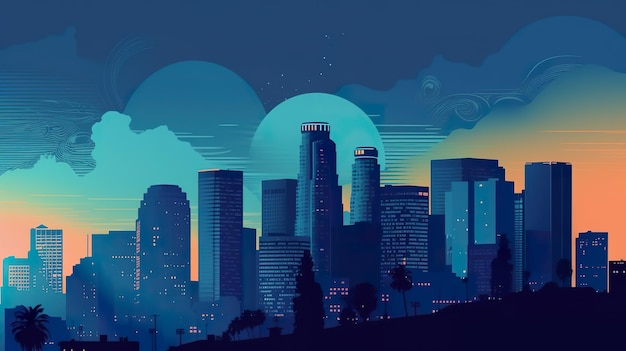 Une vue d'une ville la nuit depuis une colline Image générative AI Nostalgic LosAngeles skyline