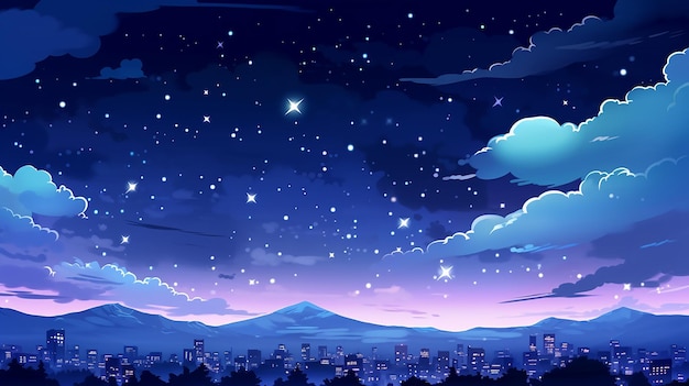 vue de la ville la nuit avec des étoiles et une comète dans une illustration de dessin animé