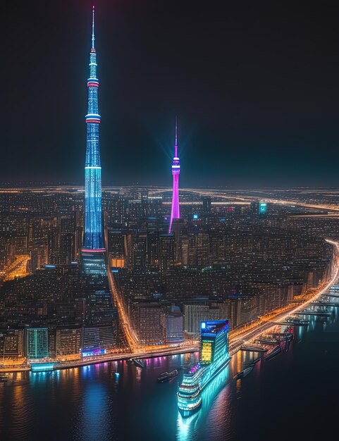 une vue d'une ville la nuit avec un grand bateau dans l'eau