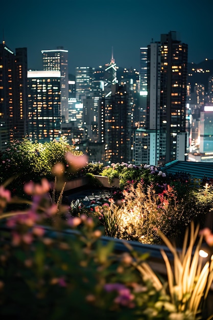 une vue d'une ville la nuit d'un jardin sur le toit