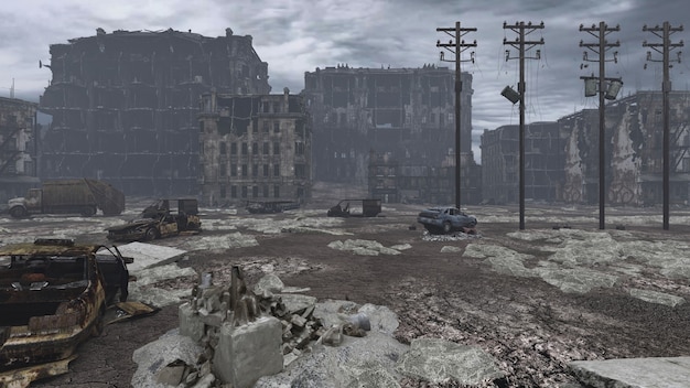 Vue d'une ville post-apocalyptique détruite, illustration 3d