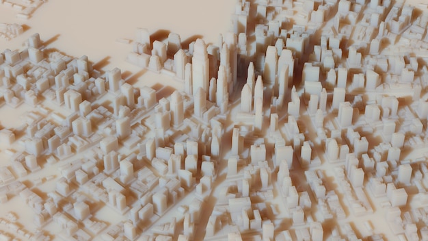 Vue sur la ville en rendu 3D avec fond de paysage urbain détaillé avec ombres et soleil éclatant.