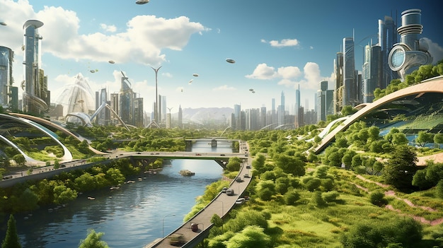 Vue sur la ville respectueuse de l'environnement en 2073