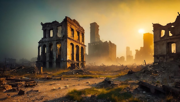 Vue de la ville en ruines post-apocalyptique Ville abandonnée avec de vieux bâtiments en ruine