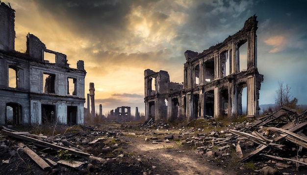Vue de la ville en ruines post-apocalyptique Ville abandonnée avec de vieux bâtiments en ruine