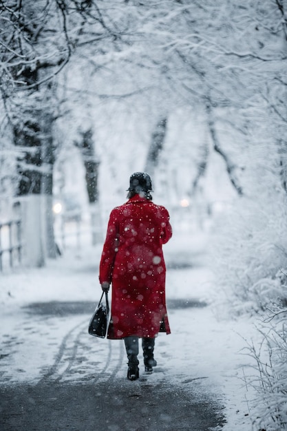 Vue sur la ville, temps neigeux, rues de la ville d'hiver, homme en rouge