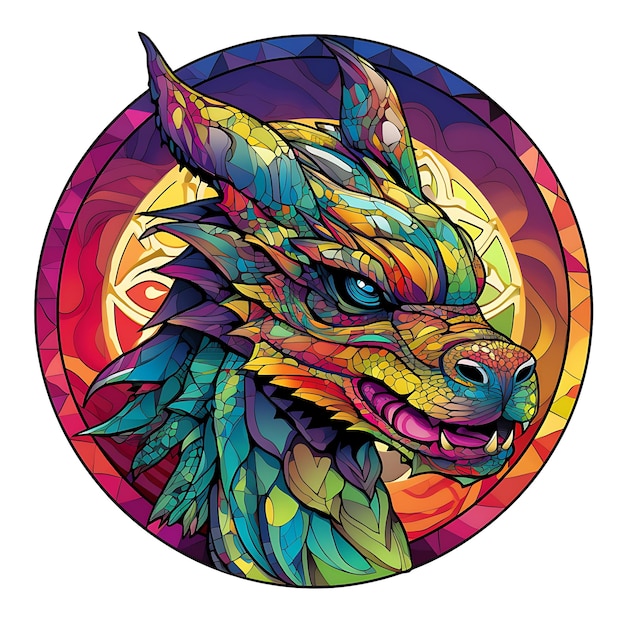 Vue d'un visage de dragon dans un cercle de vitraux colorés