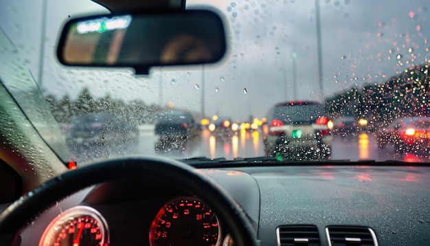 Vue des voitures de circulation et des feux de l'intérieur d'une voiture un jour de pluie