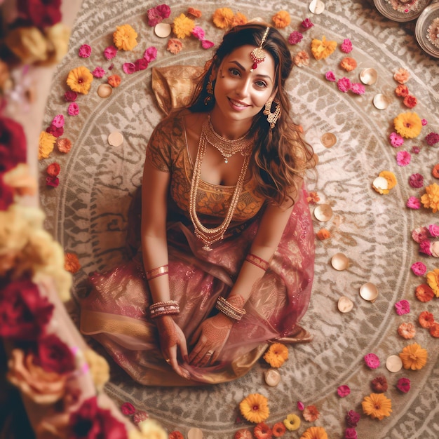 Une vue à vol d'oiseau d'un angle supérieur sur toute la longueur d'une belle jeune femme indienne