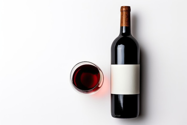 Vue à vol d'oiseau d'un fond blanc avec un verre et une bouteille de vin rouge