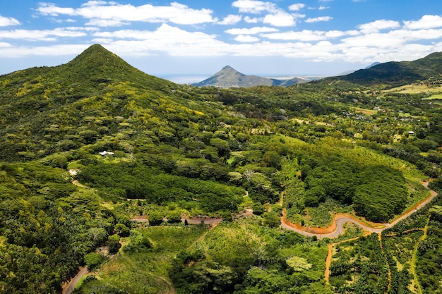 Vue à vol d'oiseau sur les montagnes et les champs de l'île Maurice.Paysages de l'île Maurice.