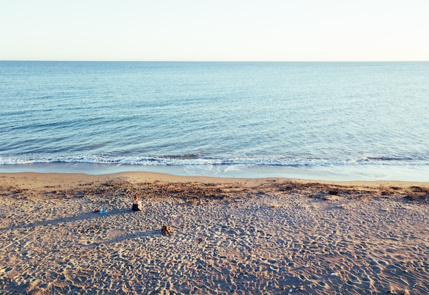 Vues aériennes d'une fille avec son chien sur une plage vierge, dans le parc naturel de Punta Entinas, Almeria, Espagne