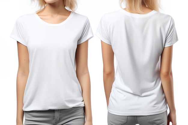 Vues avant et arrière de la jeune femme en t-shirt élégant sur fond blanc