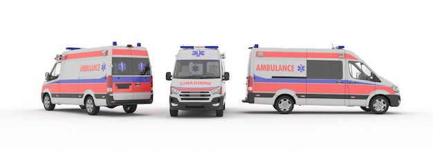 Les vues avant, arrière et latérales de la voiture d'ambulance sont isolées sur fond blanc. illustration 3d